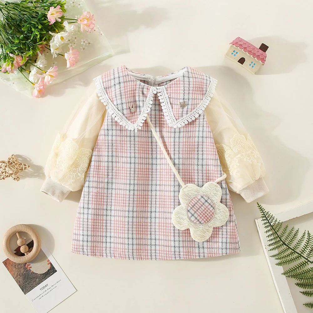 New Winter Baby Girls Dress Bubble Sleeve Lapel Plaid Pattern Fake Two + Diagonal Treasure Flower Sweet Princess Dress