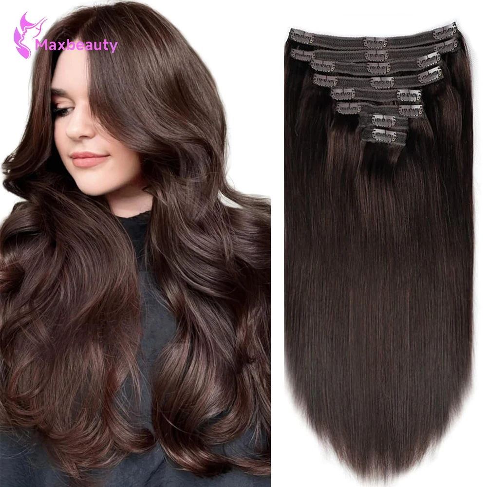 كليب في وصلات الشعر شعر بشري حقيقي بني داكن قسط الشعر البشري كليب في ملحقات وصلات شعر مستقيمة 8 قطعة كليب Ins #1