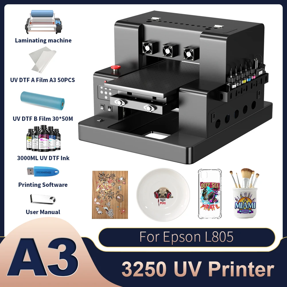 Mesin Printer UV A3 L805 Impresora UV DTF untuk Pencetakan Stiker, Printer UV A3 untuk Casing Ponsel, Botol Akrilik, ABS