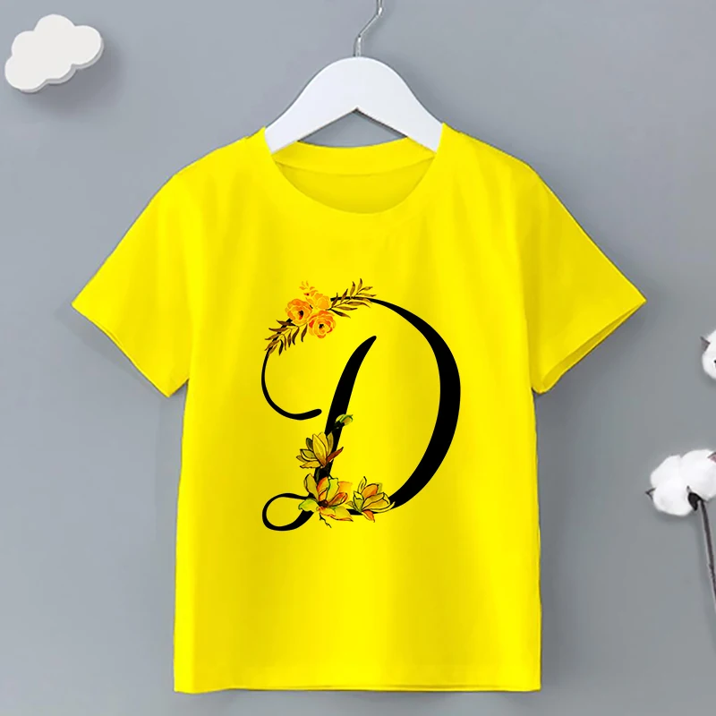 Nowe dzieci t-shirt dziewczynka chłopiec kwiaty list A-Z Kawaii bajki ubrania dziecięce koszulki małe dziecko żółte bluzki na co dzień