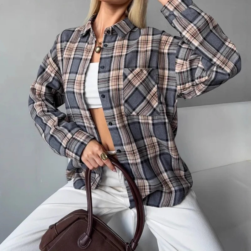 

Women's Long Sleeve Shirt 2025 New Design, Versatile Plaid Pocket Casual Blouse for Women