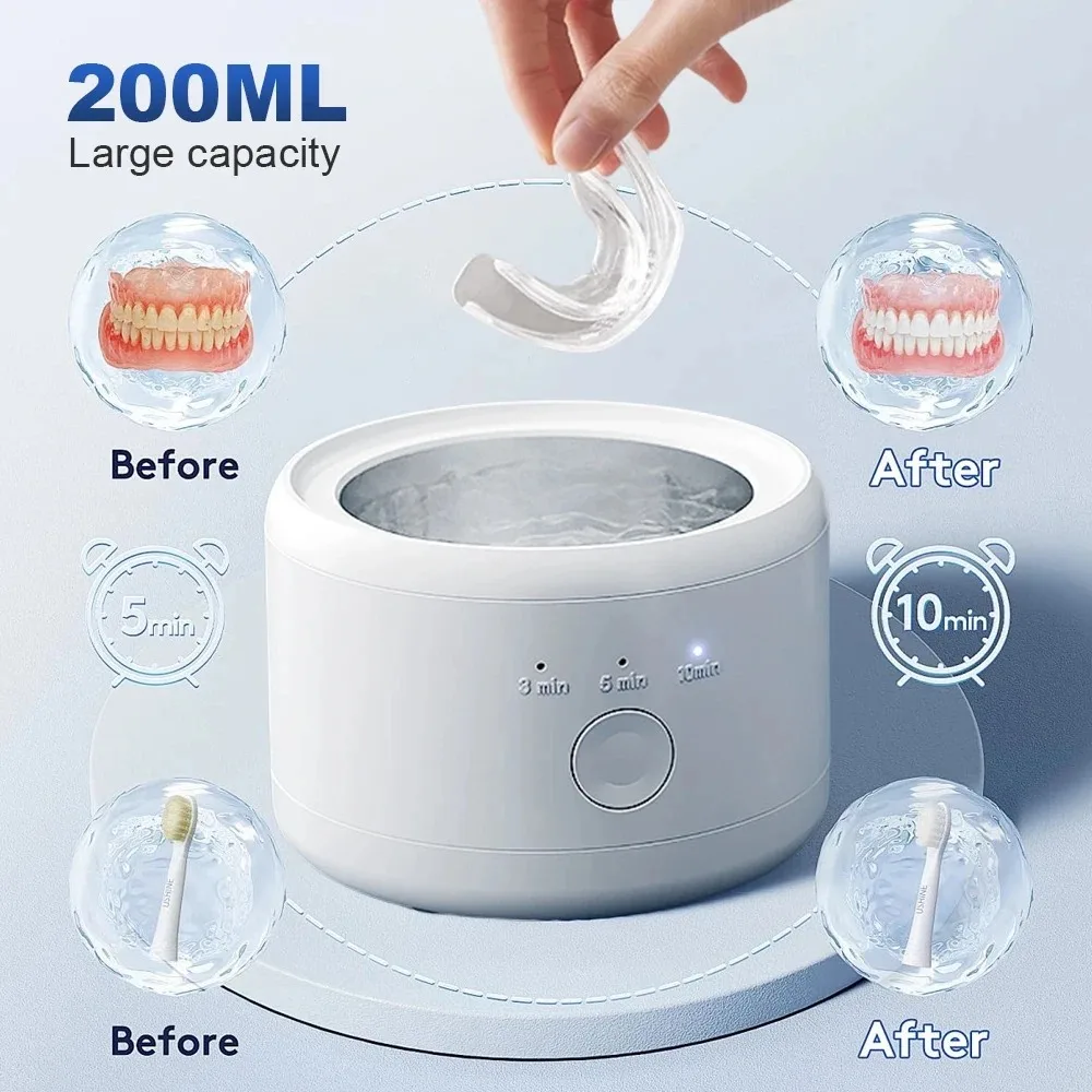 USB Rechargeable 50KHZ Ultrasonic Braces Cleaning Machine Multi-Function Invisible Retainer Denture Cleaner for Oral Care