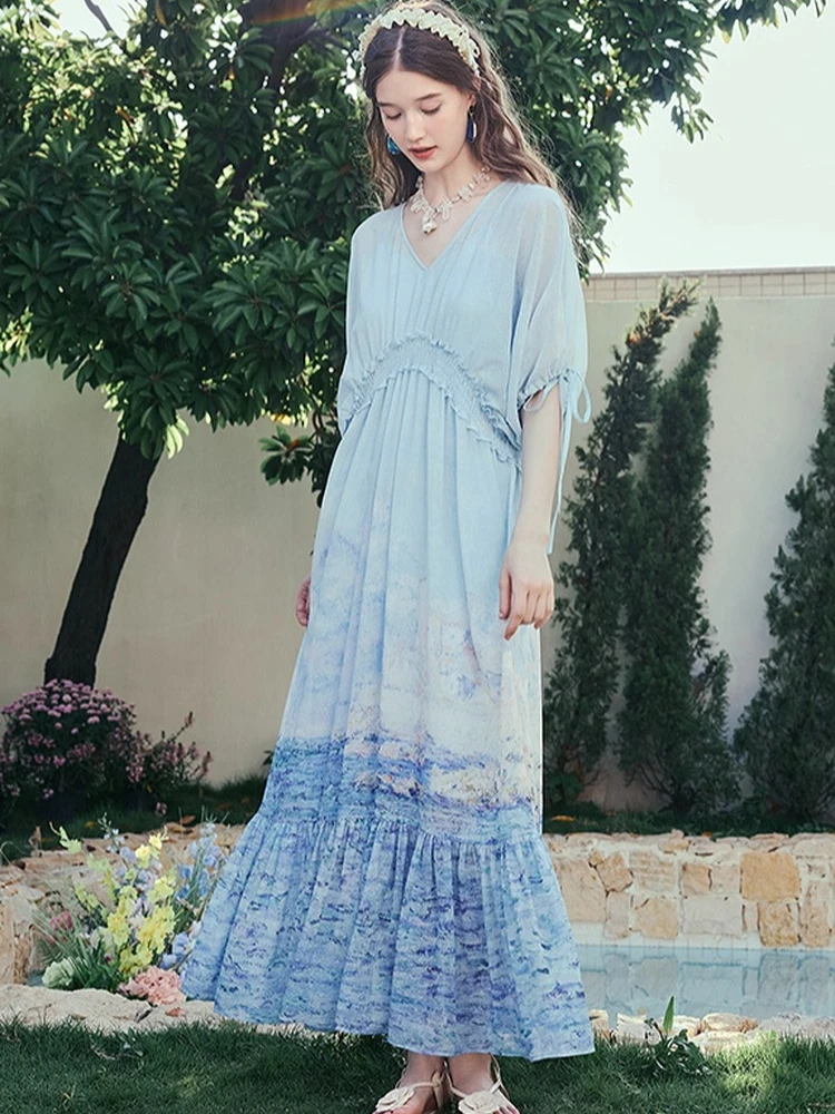

86-94cm Bust Summer Holiday Blue Maxi Dress Women Korean Fashion Sexy V-Neck Lantern Sleeve Print Oversized Vacation Long Dress