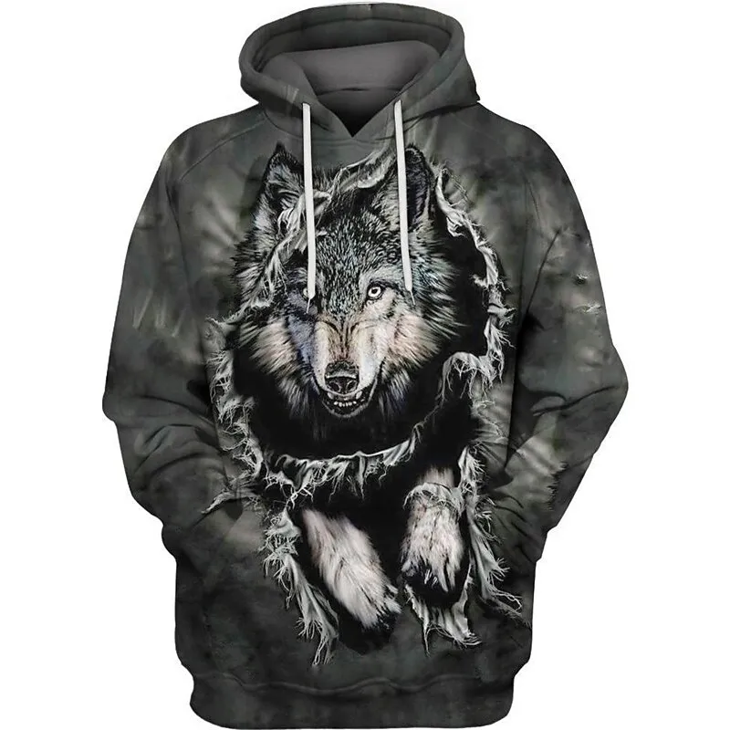 Black and White Wolf Print 3D Men's Hoodies Fashion Animal Pattern Women's Sweatshirts Leisure Essentials Pullover Jackets Coat