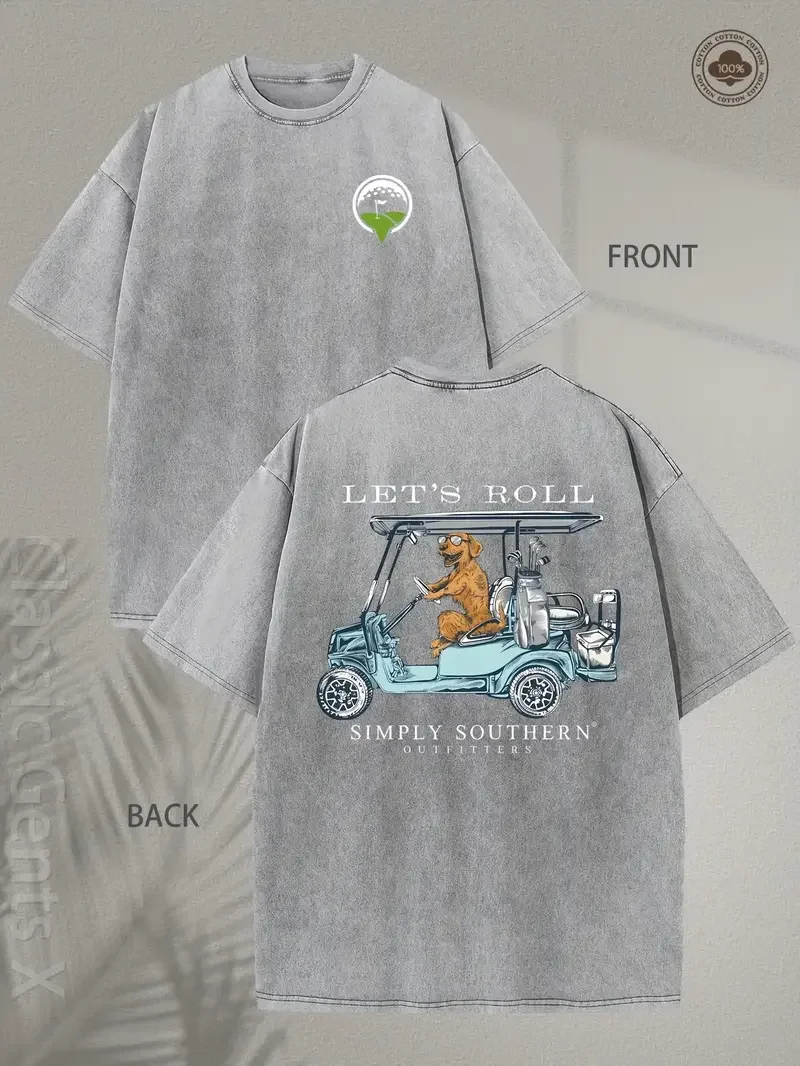 Men's 230gsm Heavyweight Distressed Vintage Washed Cotton T-Shirt - Casual Loose Fit Streetwear, Southern Golf Cart/Golden Retriever Print, 