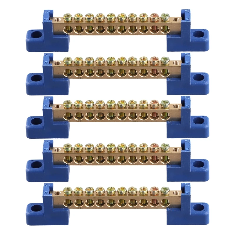 MYHOME Terminal Block Blue Terminal Bus Bar 10 Positions Screw Brass Terminal Grounding Strip Bus Bar Block Pack Of 5