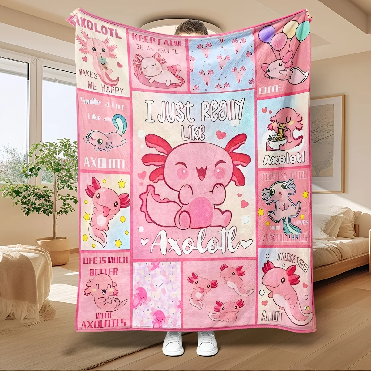 Cute Pink Axolotl Cartoon Patchwork Quote Print Flannel Blanket Soft Throw For Sofa Bedroom Animal Lover Home Gift Ideas