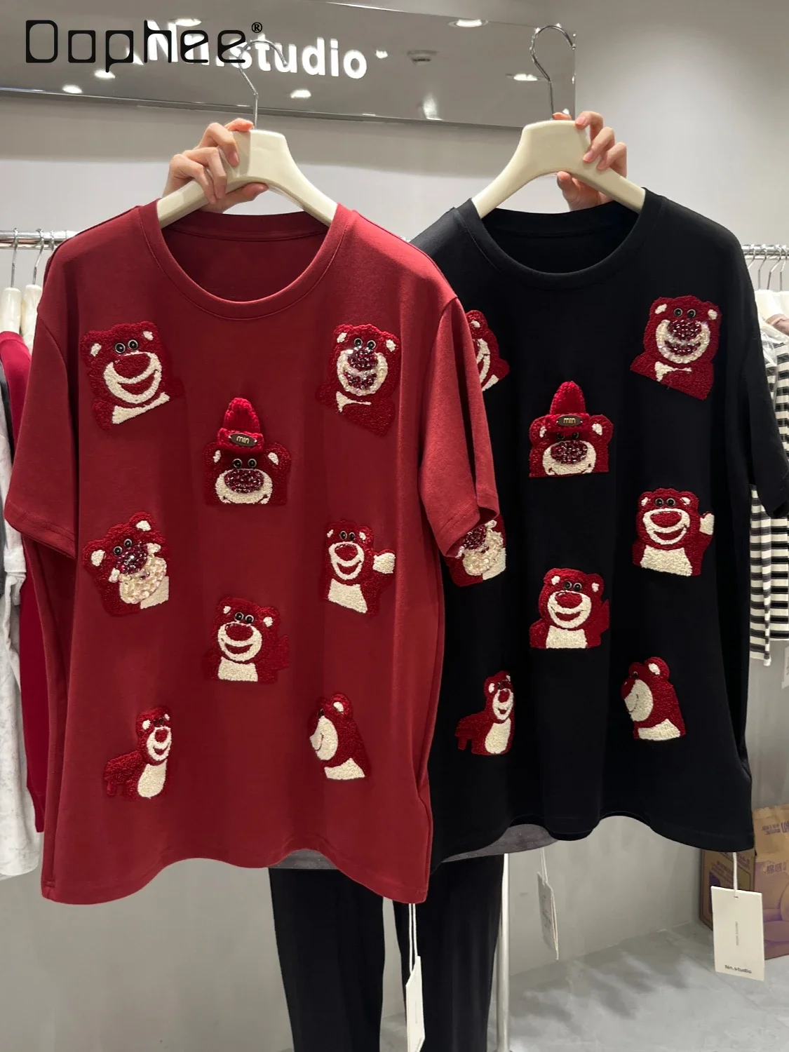 

European Goods Heavy Industry Rhinestone Bear Short-sleeved Loose T-shirt Women Autumn New Round Neck Drop-sleeved Cartoon Top