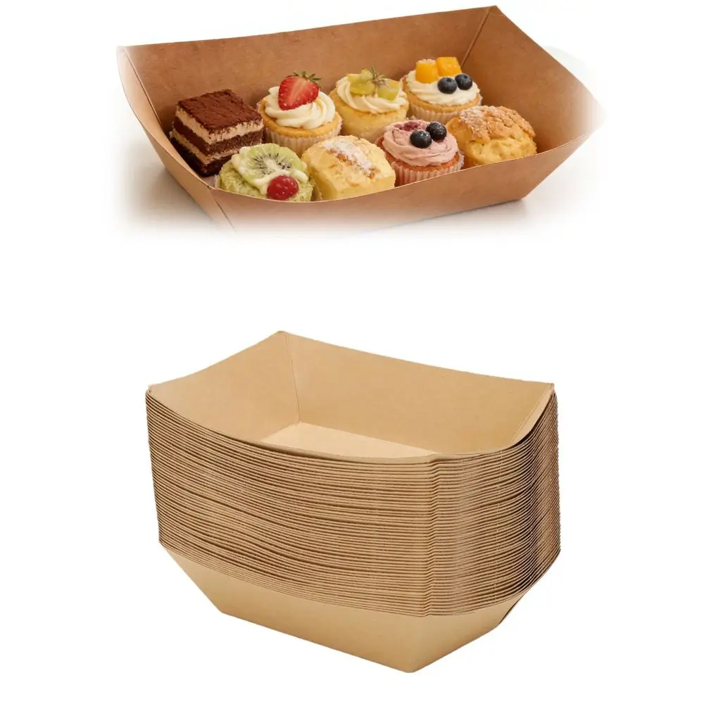 50PCS Kraft Paper Paper Food Tray Grease Resistant Film Laminated Snack Serving Tray Food Boat French Fries Tray