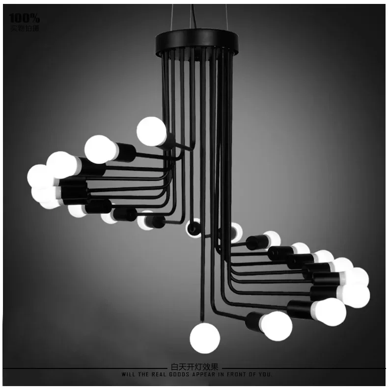 

Post Modern Painted Iron Black Led Spiral Chandelier American Loft Industrial Lustre Chandelier Lighting For Restaurant