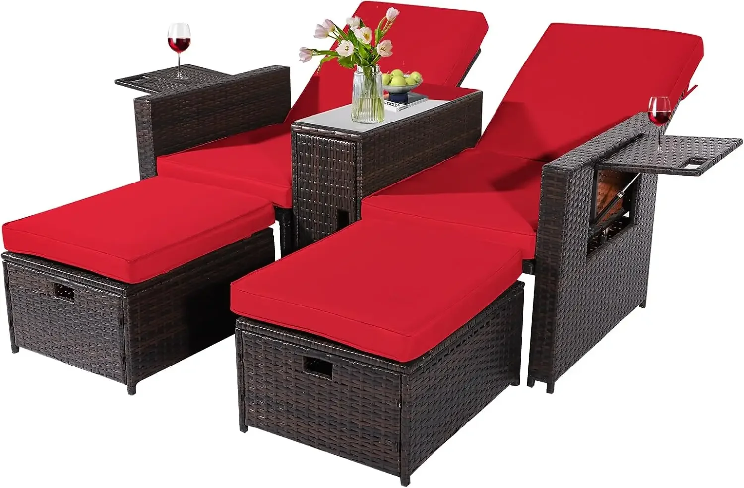 

5PCS Outdoor Wicker Chaise Lounge Chair - Rattan Adjustable Reclining Patio Lounge Chair with Ottoman and Coffee Table