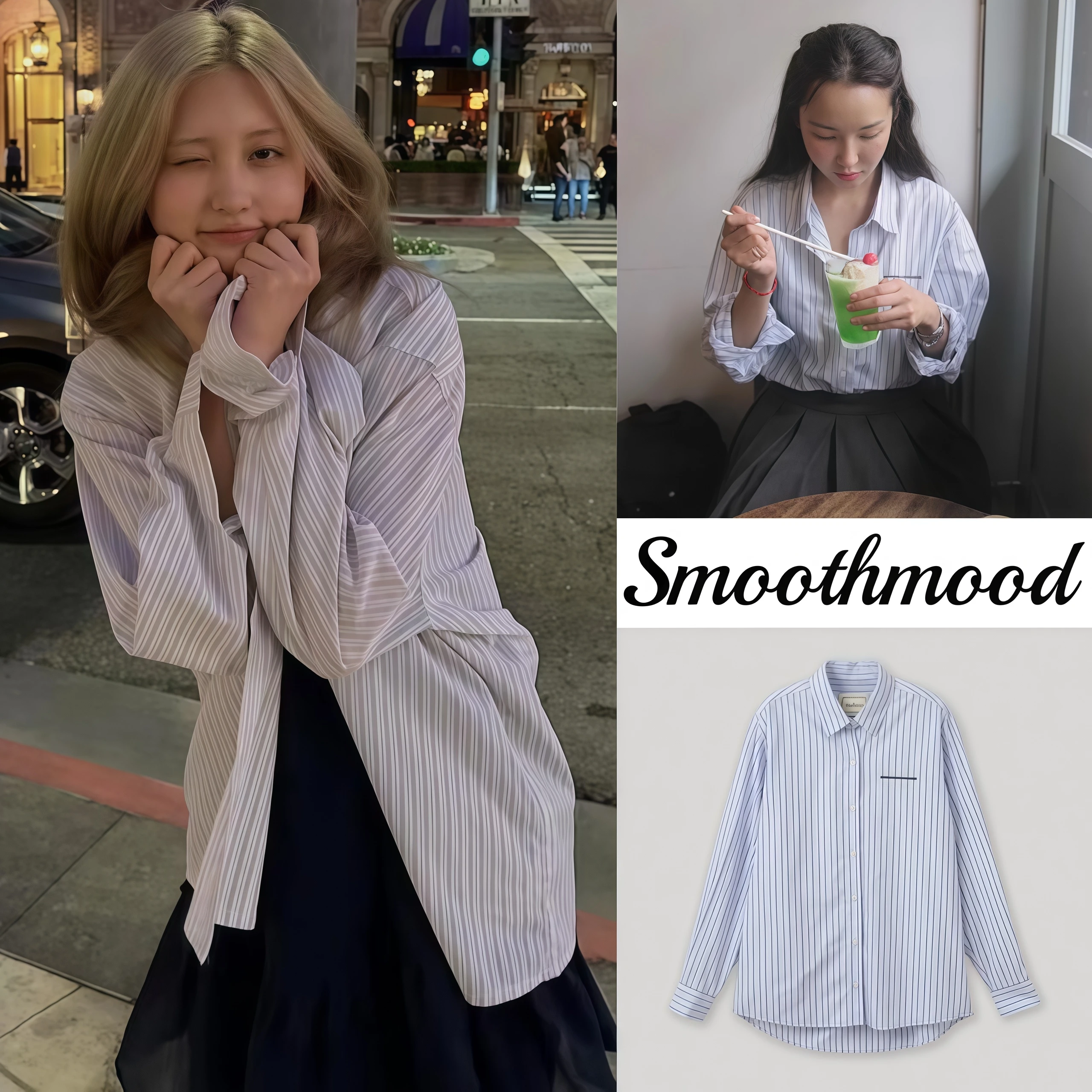 

Smoothmood Casual Contrast Color Stripe Collar irt Autumn New Arrival Cotton Long Sve Women's Busin Casual Top