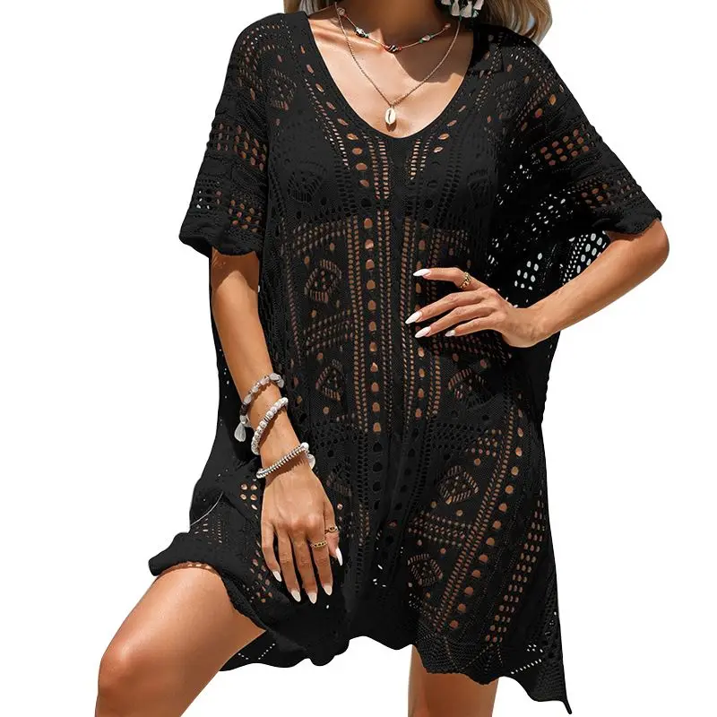 Women Cover-ups Sexy Knit Hollow Out V-neck Hooded Short Sleeve Beach Mini Dress