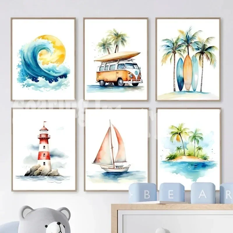 

Surf Ocean Themed Nursery Beach Lighthouse Wall Art Canvas Painting Children Coastal Printable Poster Baby Kids Playroom Decor