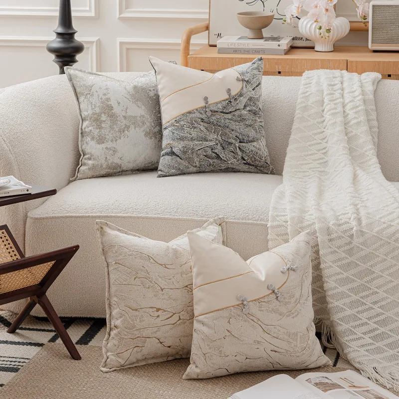 Chinese Luxury High-end Buckle Cushion Cover Premium PU Leather Patchwork Pillow Cover Beige Gray Texture Home Decor Pillowcase