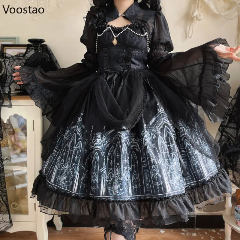 Japońska sukienka Gothic Lolita kobiety wiktoriański ciemny nadruk z długim rękawem siateczkowy szal sukienka dziewczyny Harajuku Y2K Punk sukienki spotkanie przy herbacie