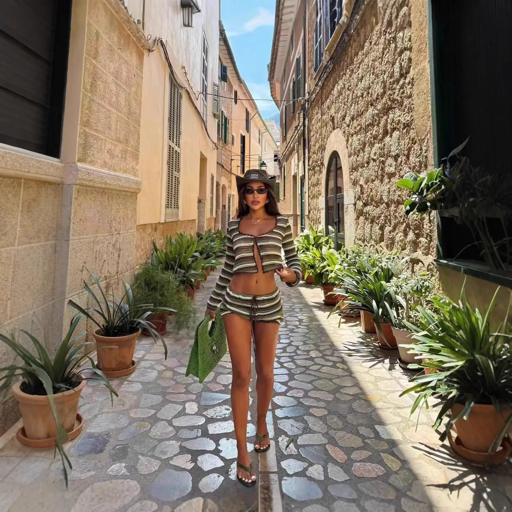 Summer Women's Striped V-Neck Long Sleeve Casual Shorts Sexy Set Top Cleanfit Low Waist PVC Fabric Umbrella Pants Style