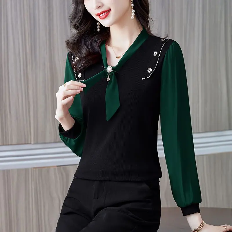 Stylish V-Neck Bow Slim Shirt Female Clothing Contrasting Colors Patchwork 2024 Spring Autumn Button Commute Long Sleeve Blouse