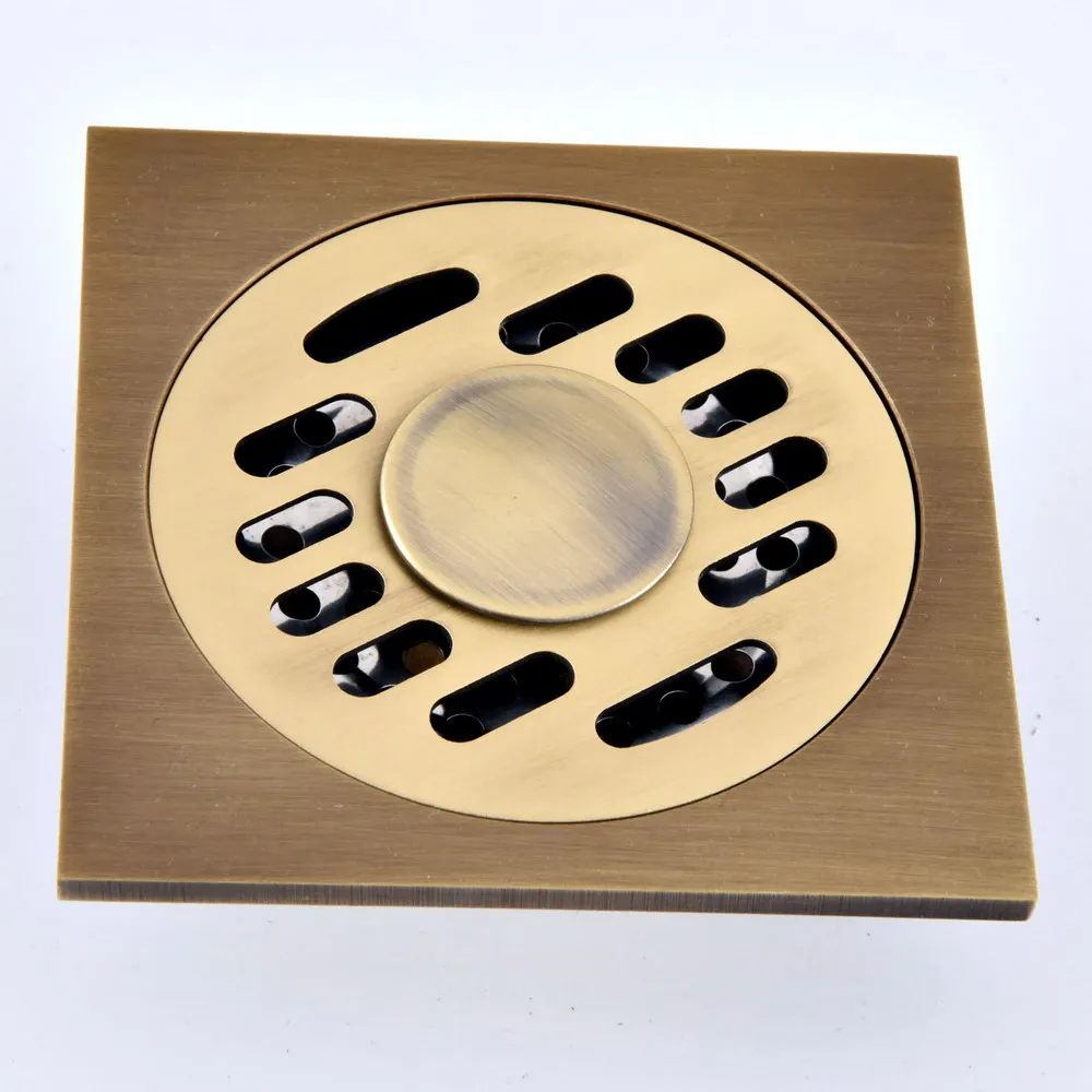 Shower Drains 10*10cm Square Bath Drains Strainer Hair Antique Brass Carved Bathroom Floor Drain Waste Grate Drain zhr084