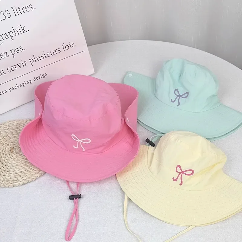 

Summer Quick Drying Children Fisherman Hat Solid Color Bow Embroidered Panama Bucket Hats For Kids Sunscreen Basin Cap