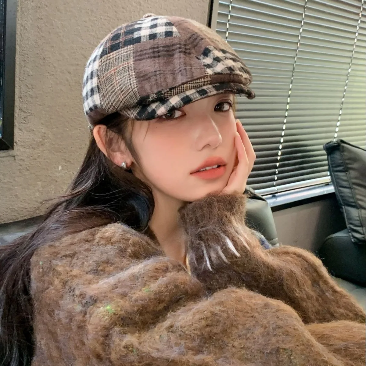 

Vintage Color Block Beret Newsboy Cap Women Oversize Head Fit Face Slimming Design Autumn Spring Travel Fashion