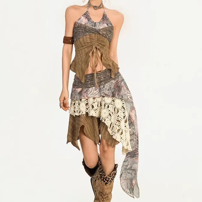 Spring New Fashion Sexy Back Irregular Halter Neck Camisole Top Fashion High Waist A-line Versatile Personality Brown Skirt