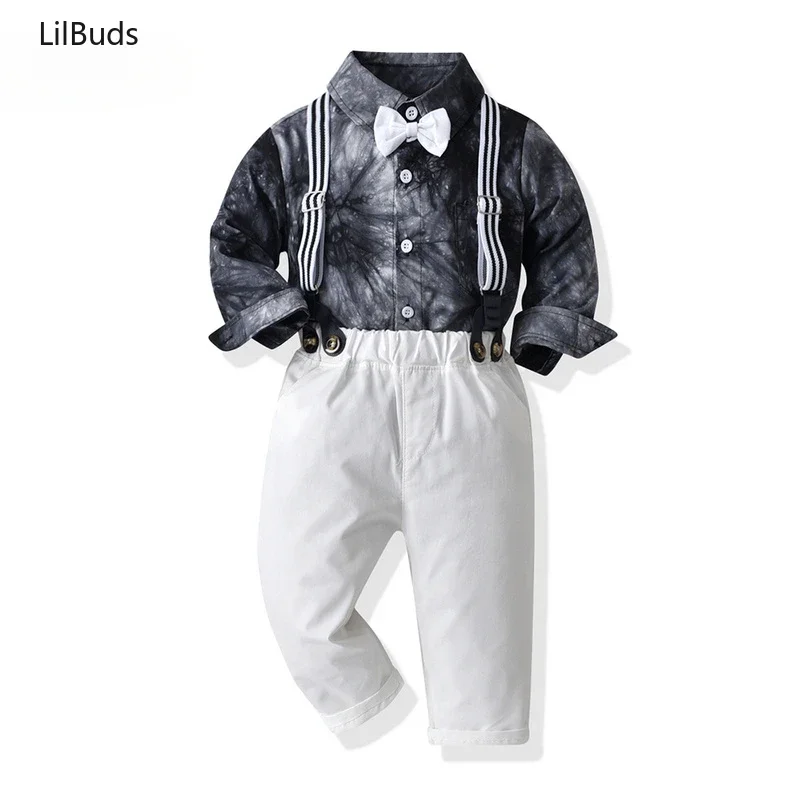 

2024 Fashion Boys Casual Clothing Set Children Gentleman 2PCS Costume Long Sleeve Tie-Dyed Bowtie Shirts Tops+suspenders Pants