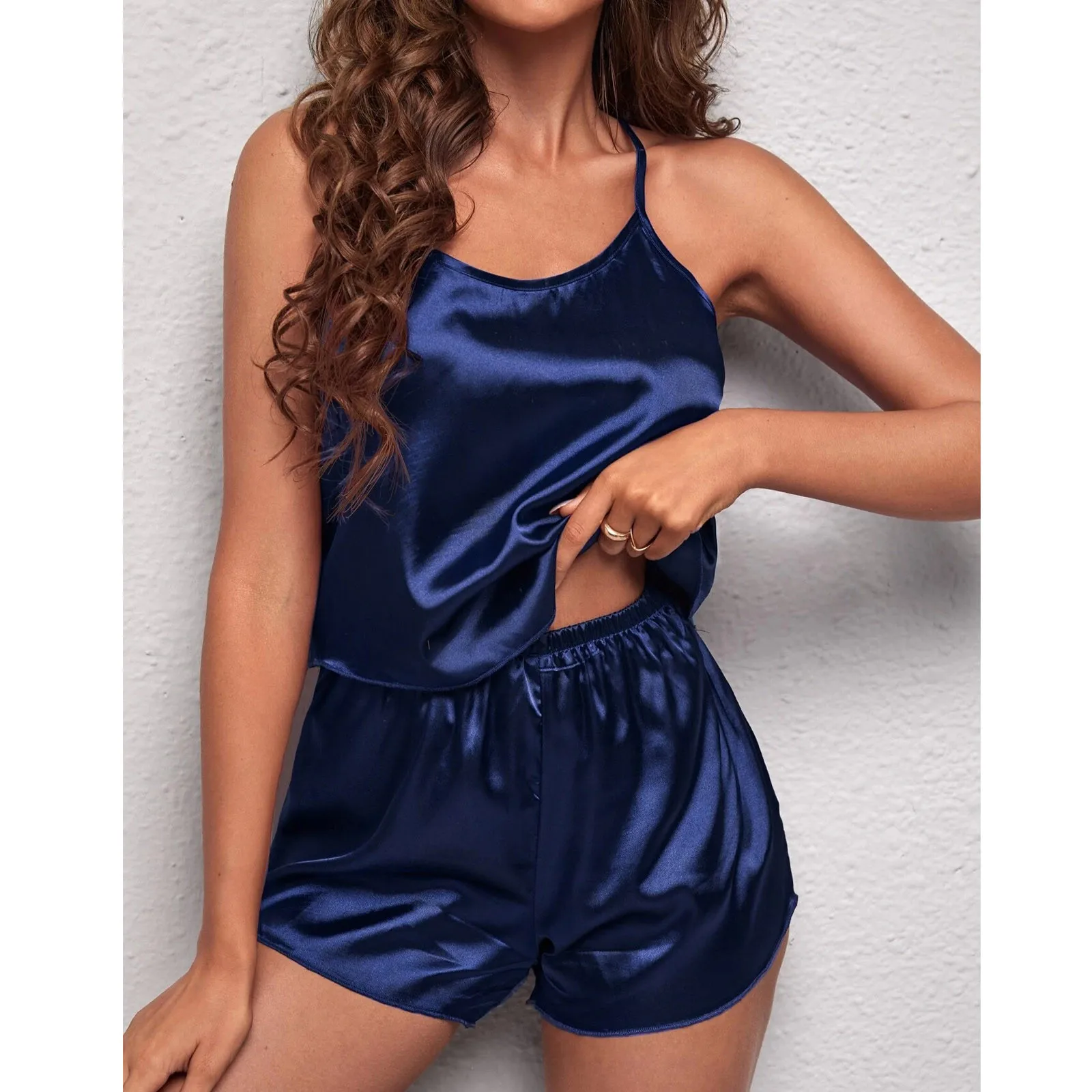 Womens Summer Sleepwear Lingerie Satin Cami Top And Shorts Set Nightwear Pajamas Set Lace Backless Sleeveless Nightwear Pyjamas