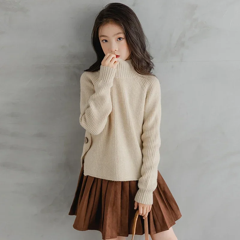 5-14Y Kids Clothes 2023 Spring Solid Color Sweaters for Girls Knitwear Turtleneck Pullover Outerwear Teenage Children Clothing