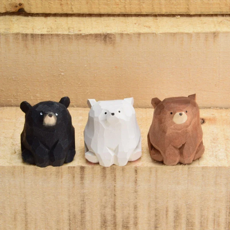 Solid Wood Carved Bear Wooden Cute Mini Bear Figurines Miniature Desktop Living Room Decoration Decoration Decorative Figurines