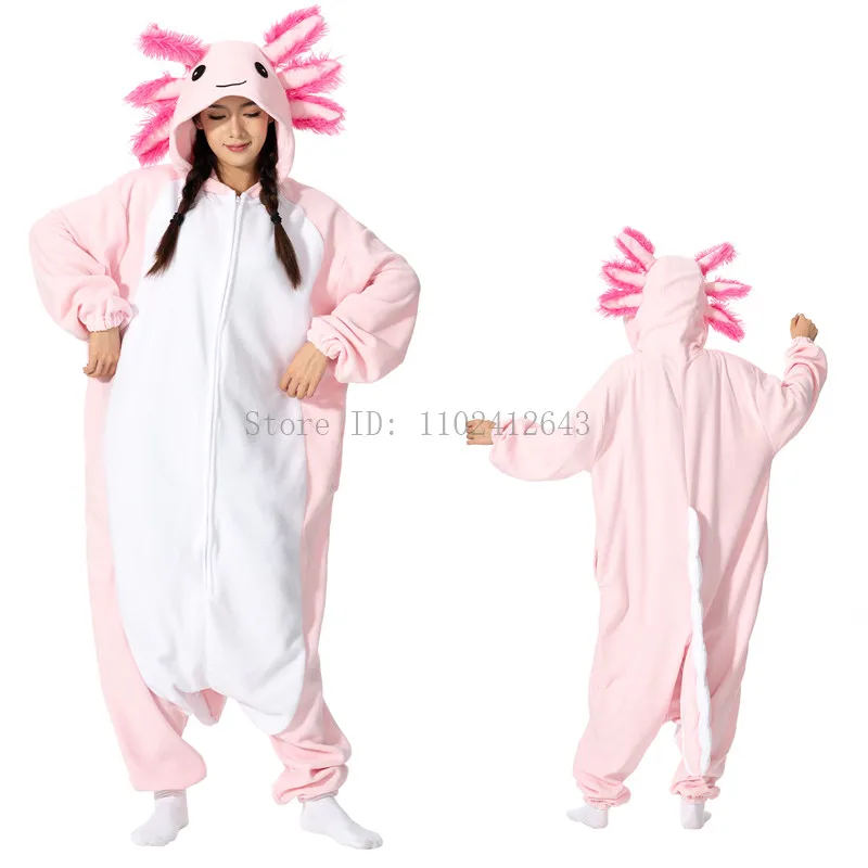 Halloween tutina per donna uomo adulto bambino animale Kigurumis pigiama Cartoon giallo rosa Axolotl pigiama Homewear Costume Cosplay