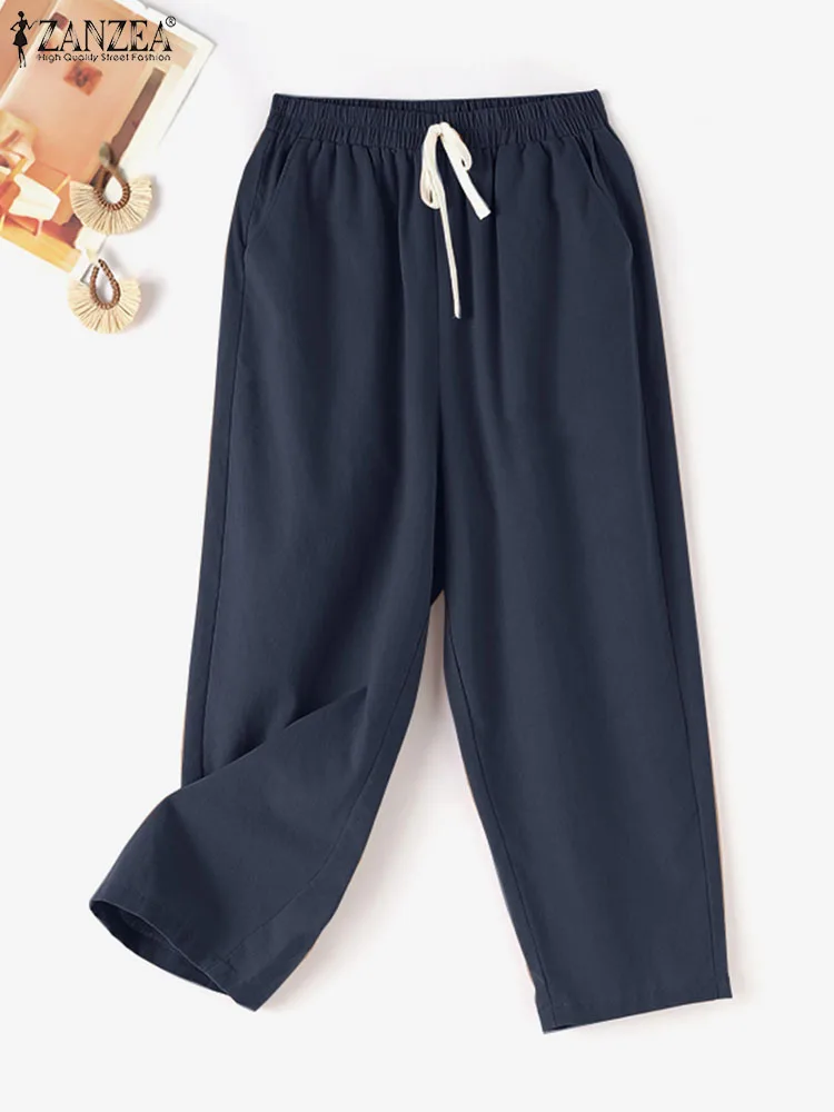 

ZANZEA Fashion Women Summer Elastic Waist Solid Trousers Casual Cotton Harem Pants Vintage Loose Palazzo Streetwear Pantalon