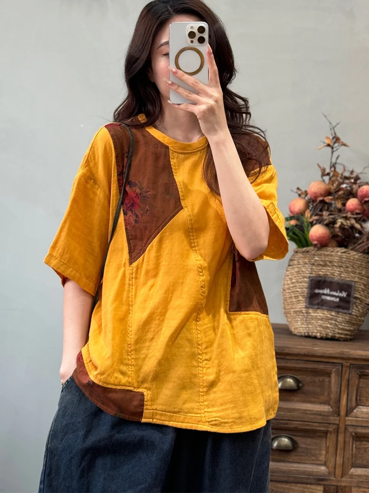 Amax LuluE British Design Leisure Floral Tops Ladies 2026 Fashion Classic Patchwork T-Shirts Womens Summer Loose Vintage Clothes