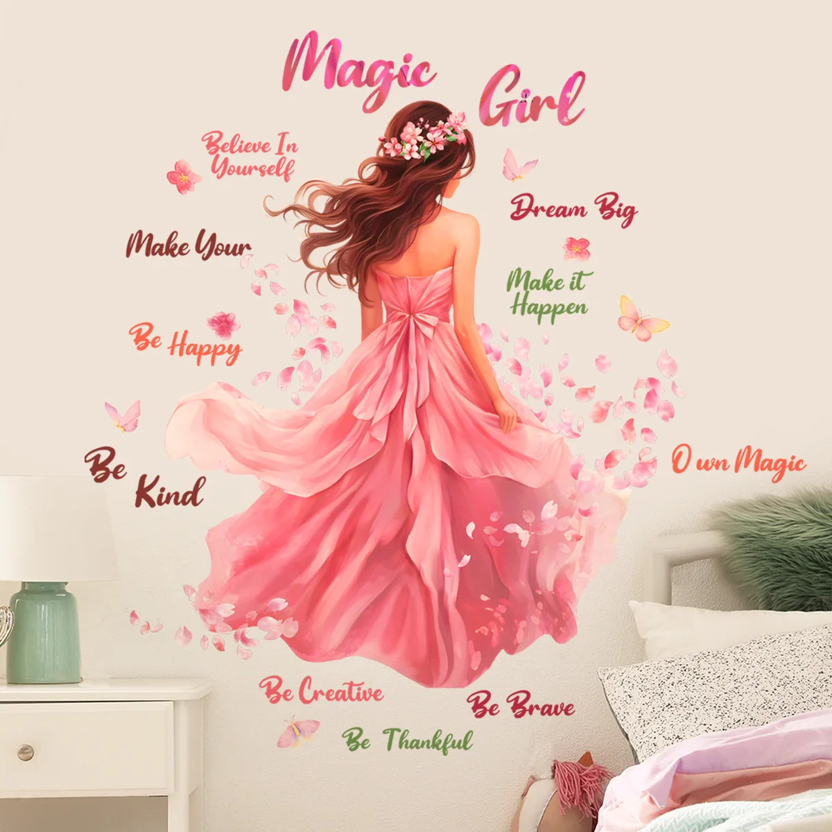 Pink Magic Girl Butterfly Background Wall Sticker, Removable, Self-adhesive, PVC, Home Decor, Living Room, Bedroom