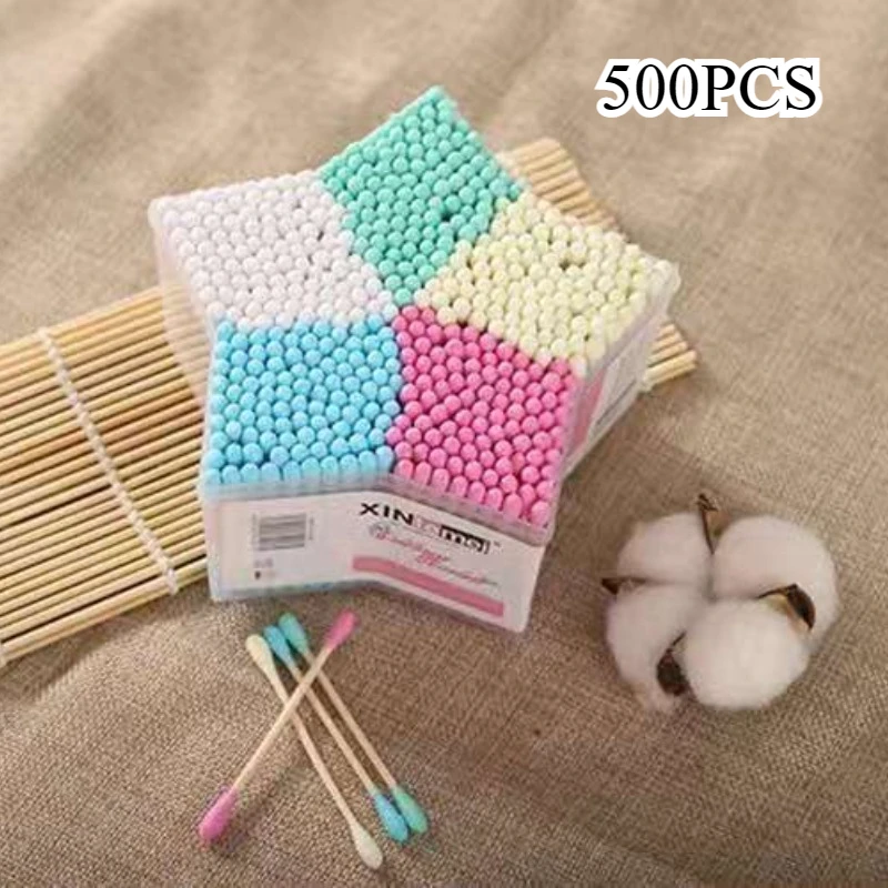 500Pcs/5Color Colorful Double-headed Cotton Swab Cleaning Sanitary Swabs for Make Up Remover Ears Cotton Swabs Cosmetic with Box