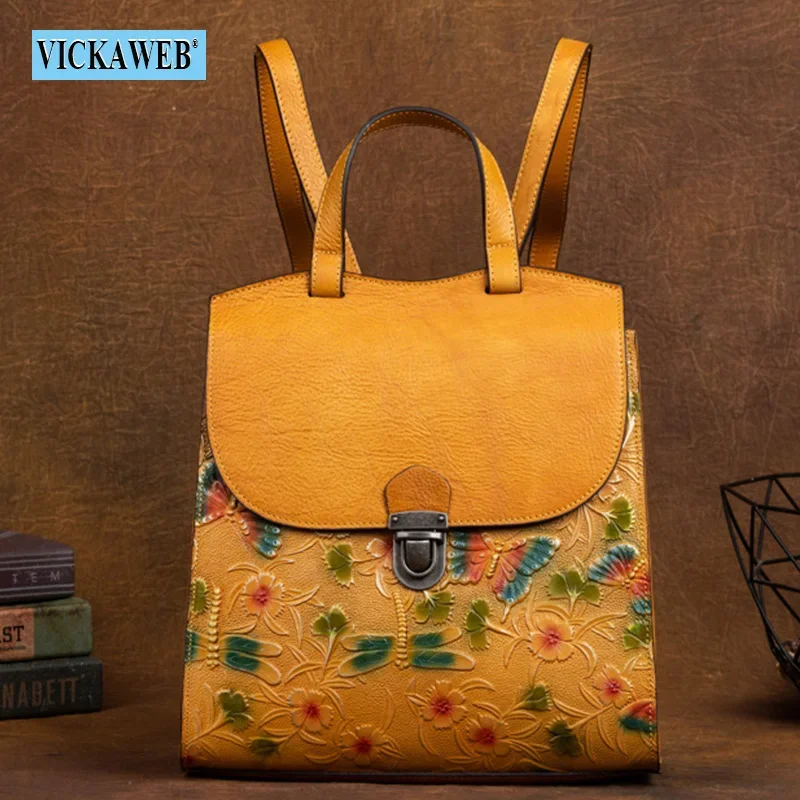 VICKAWEB Women Leather Backpacks Woman Hasp Flowers Fashion Backpack Lady Travel School Bag Female Monogram Business