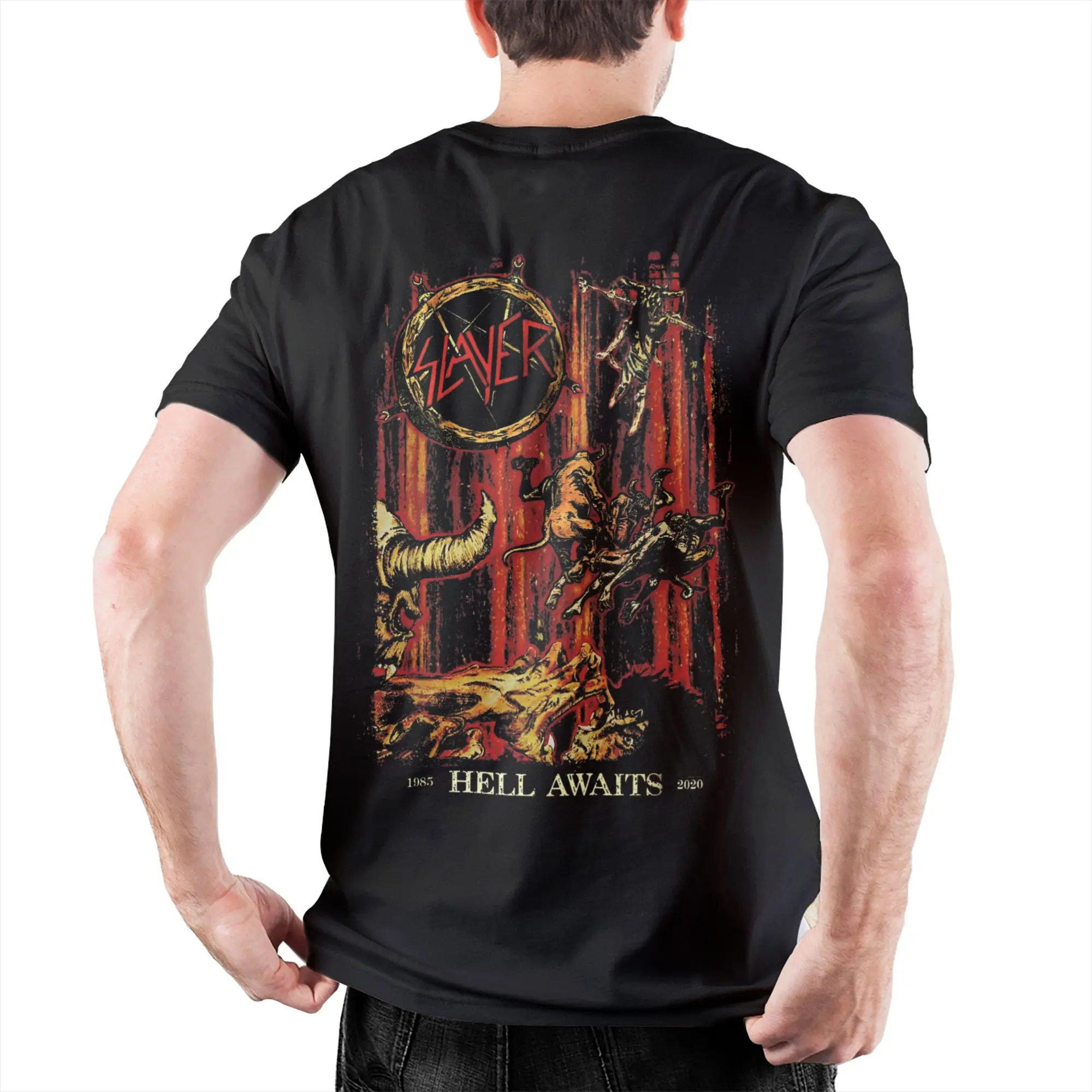 

Мужские и женские футболки Slayer Hell Awaits Heavy Metal, одежда из чистого хлопка, новинка, футболка с короткими рукавами, уникальные футболки