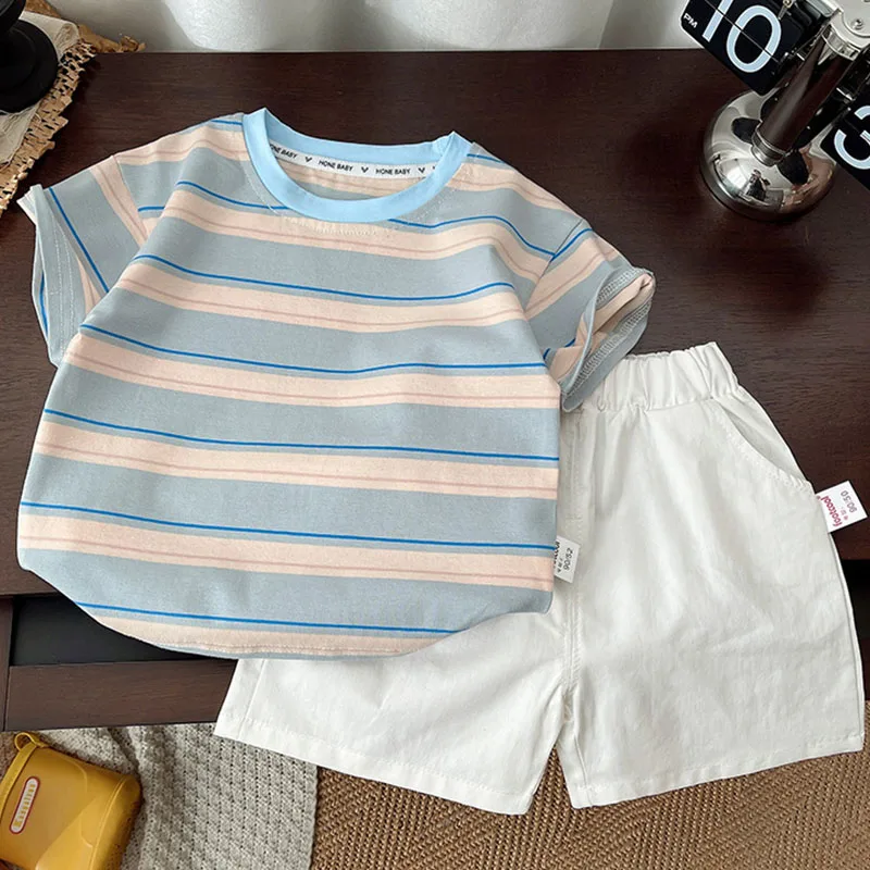 

2Piece Summer Baby Sets Toddler Boy Clothes Korean Casual Fashion Stripe Short Sleeve Tops+Shorts Boutique Kids Clothing B009