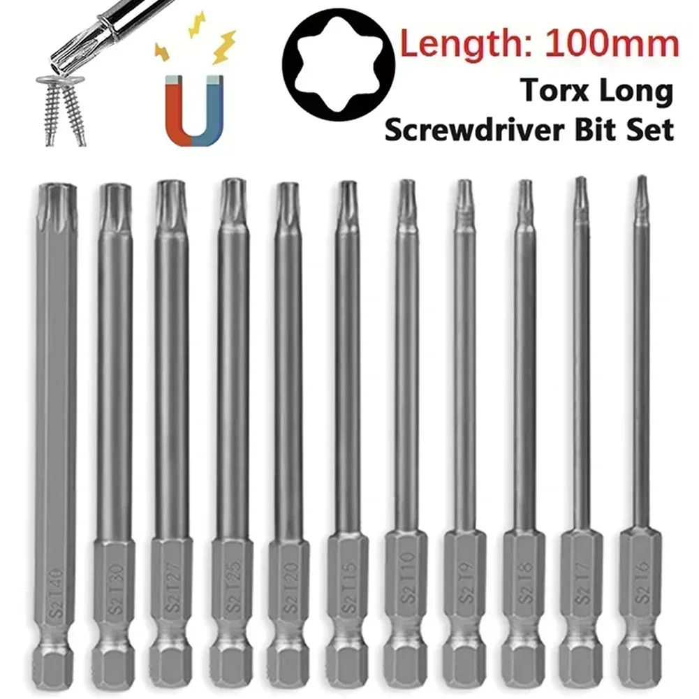 1pc Magnetic Torx Screwdriver Bits 100mm 6.35mm Hex Shank Star Head Hand Tools T7 T8 -T27 T30 T40 Series