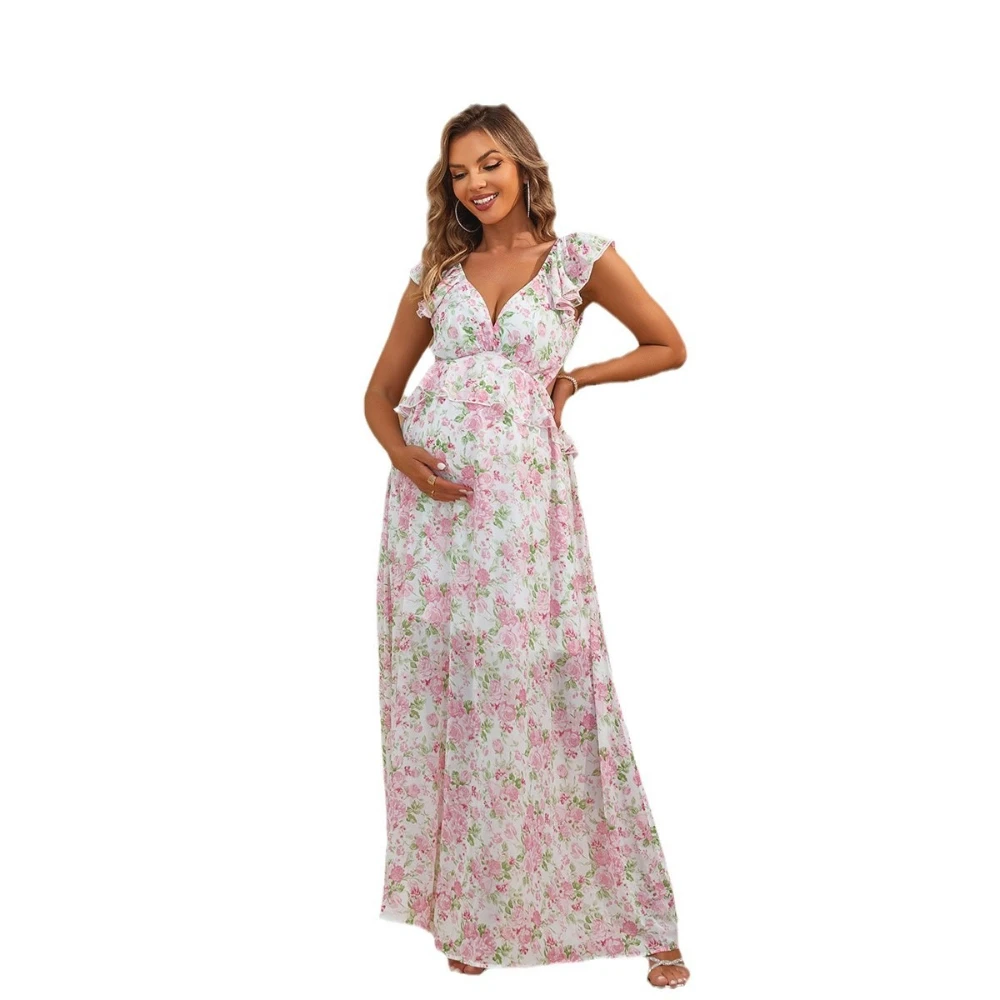 

Maternity Evening Dresses Floral Print Maternity Dress V Neck Backless Ruffles Sleeveless Elegant Dresses for Pregnant Women