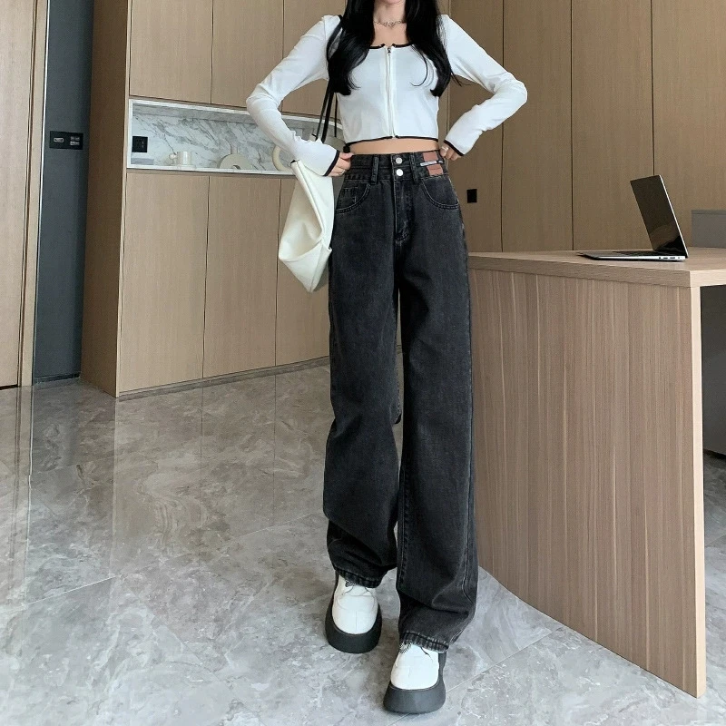 

High Waist Straight Leg Jeans Female New Loose Double Buckle Show Thin Drag Wide Leg Pants Autumn Korean Version Denim Trousers
