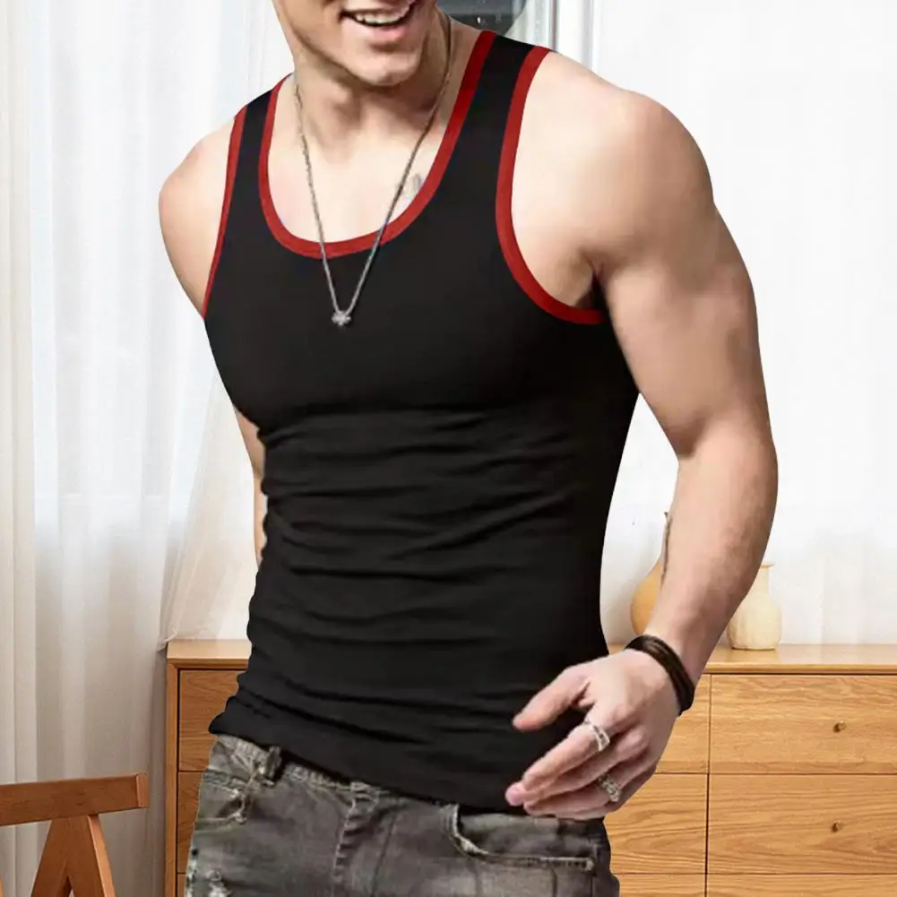 남성용 민소매 라운드넥 조끼, 슬림핏 컬러 블록 스포츠 조끼, 민소매 라운드넥 피트니스 탑, 신축성 있는 여름