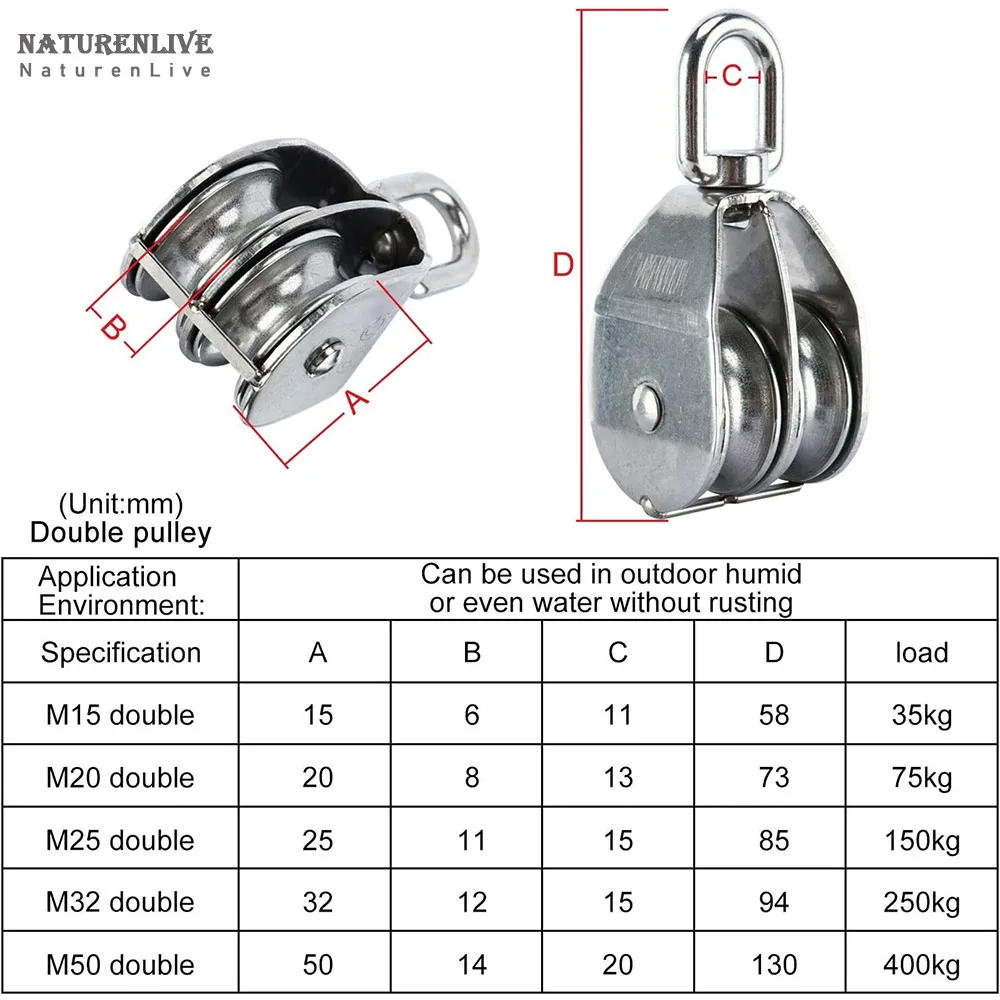 2 pieces M50 lifting double pulley block 304 stainless steel crane rotary hook double pulley loading M50 double pulley; 2 piece