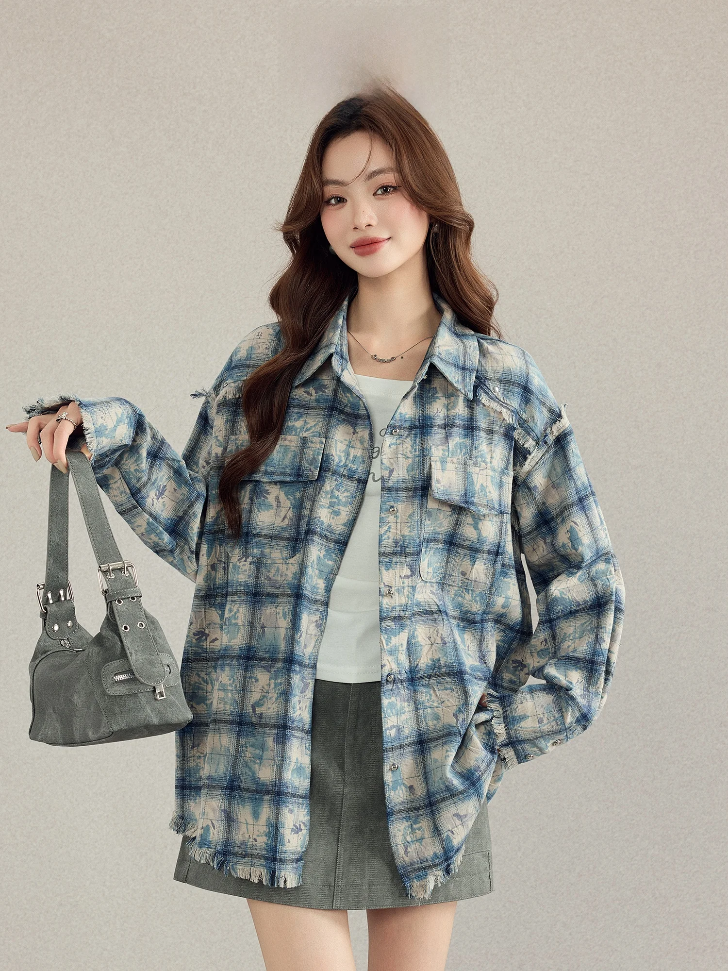 

High Yanyan American Retro Plaid irt Women Early Autumn New Loose Casual Versatile Long Sve irt Coat Trendy