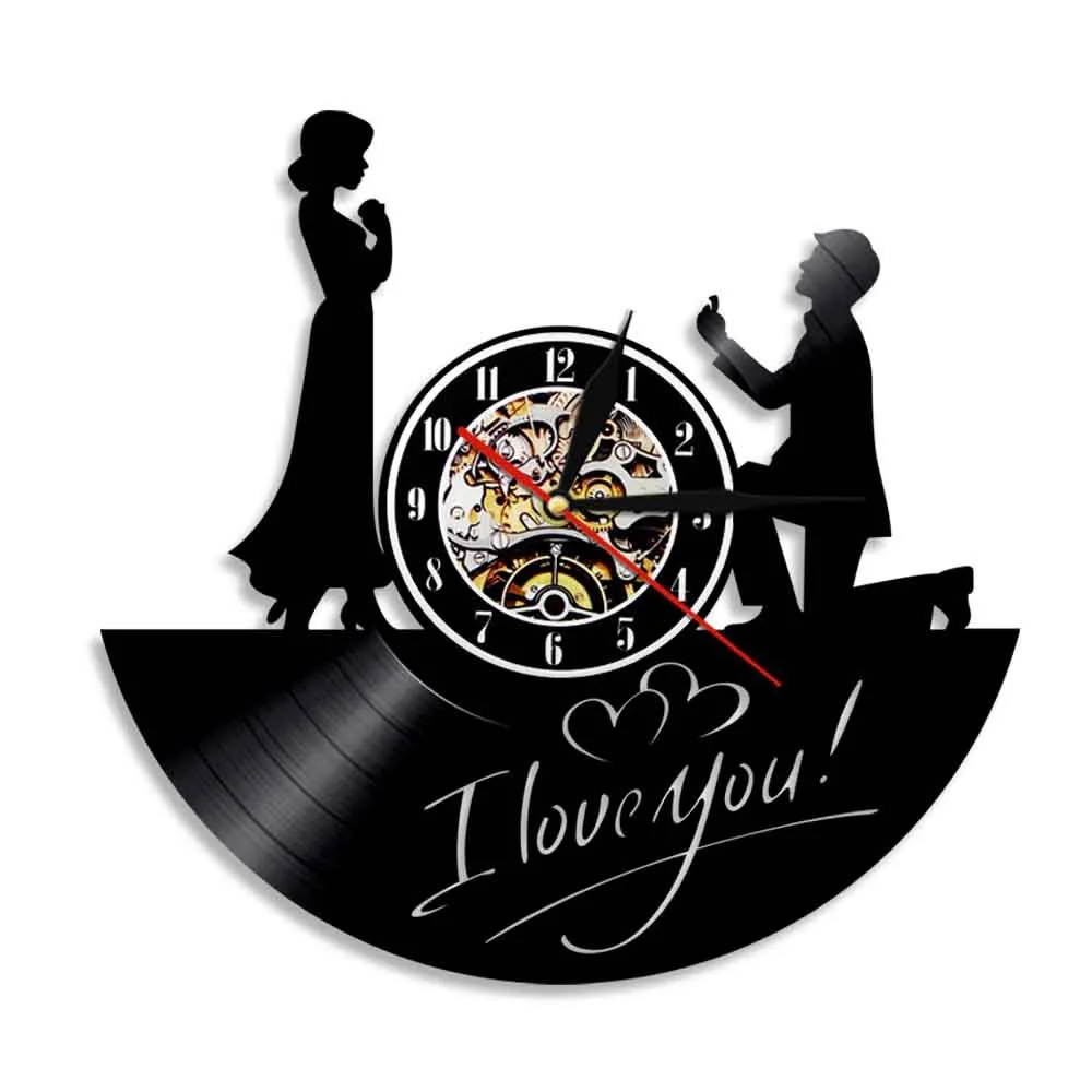 Romantic I Love You Vinyl Record Clock Marry Me Proposal Wall Clock Wedding Room Decoration Custom LED Night Light Clock