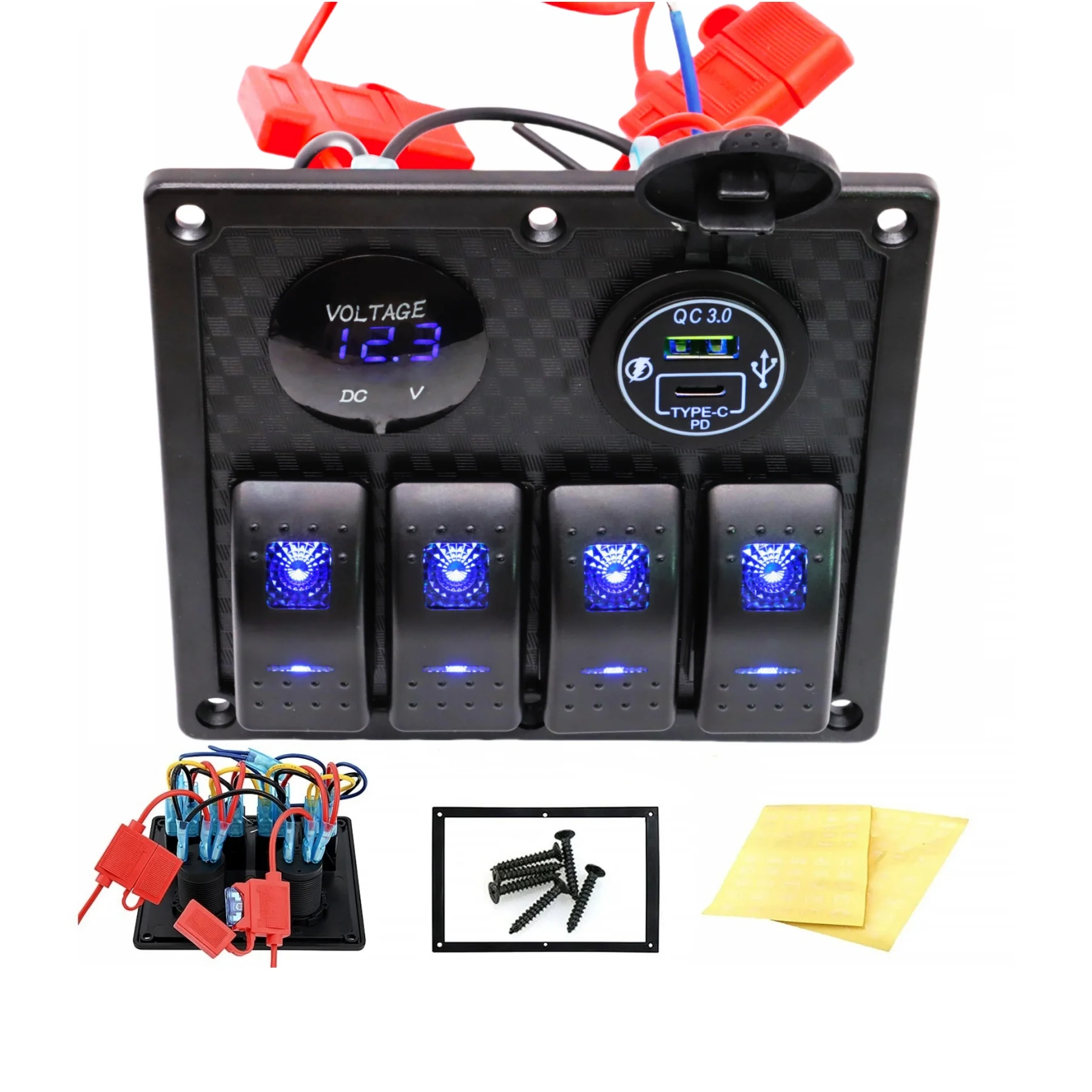 

4 Gang Marine Rocker Switch Panel With Type-C PD USB Socket Digital Voltmeter, 12V DC Boat Waterproof Switch Panel With Breaker