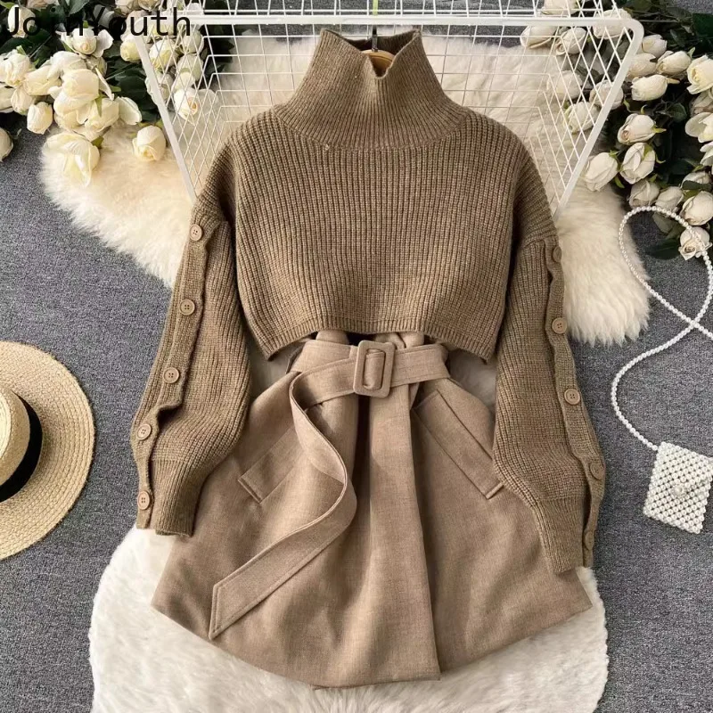 Korean Women Clothing Two Piece Sets Knitted Turtleneck Cropped Pullovers Slim Waist Mini Dress Outfits Chic Casual Suit 7n232