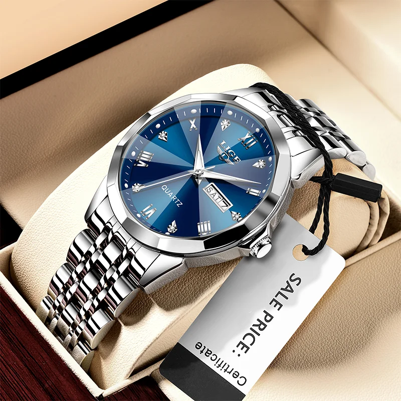 LIGE Fashion Couple Watches Waterproof Valentine Day Lover Gift Stainless Steel Watch Men Women Quartz Watch 2pcs Montre Homme