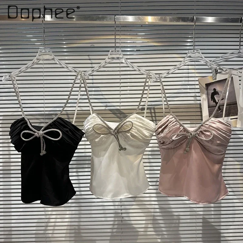 

Sweet Rhinestone Bow Camisole Women Ruched Satin Sleeveless Slim Crop Top Sexy 2024 Summer Fashion Black White Pink Tops