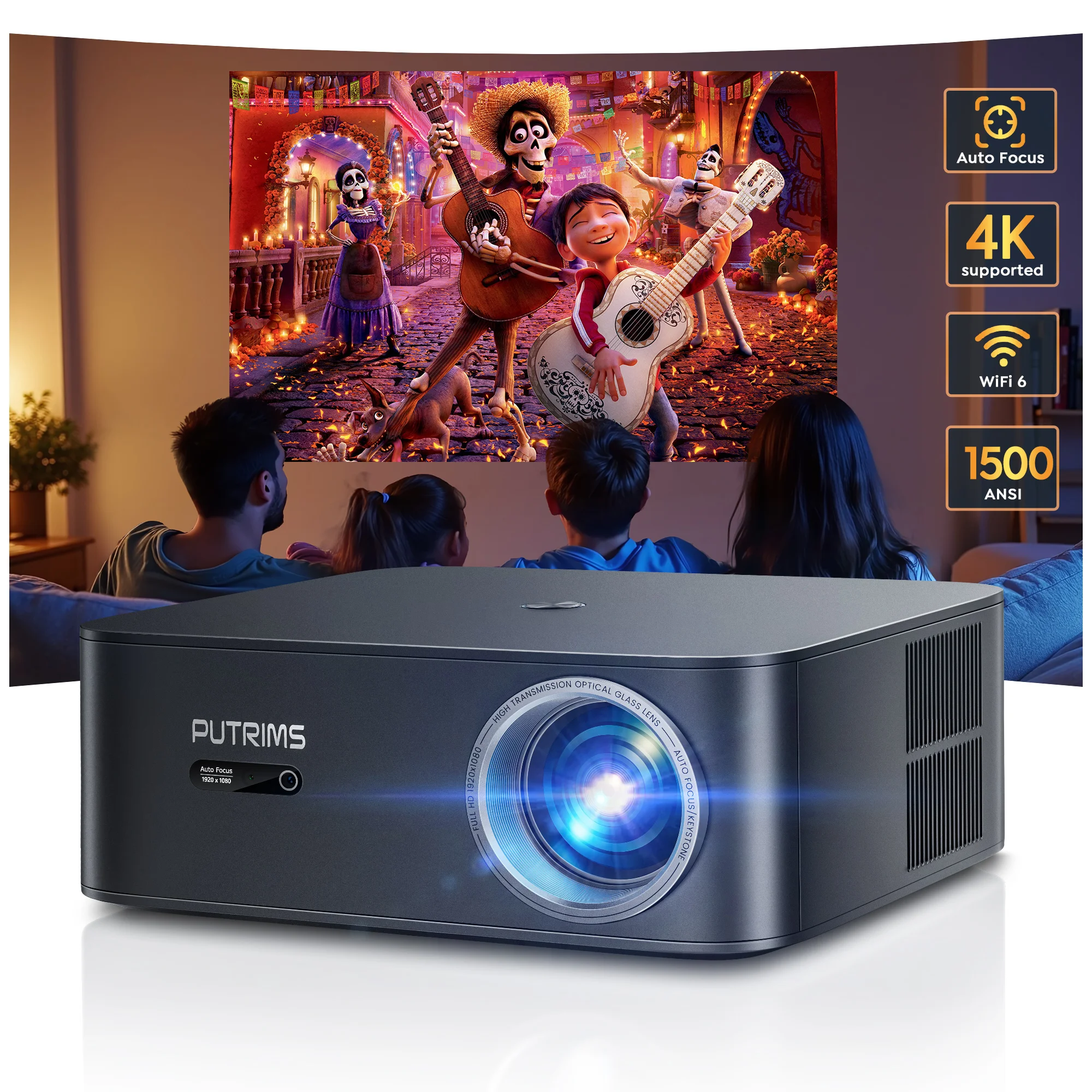 جهاز عرض FHD 1080P مزود بتقنية البلوتوث واي فاي جهاز عرض Netflix رسميًا و AI تركيز تلقائي 1500 ANSI 30000 لومن تركيز تلقائي 4K يدعم
